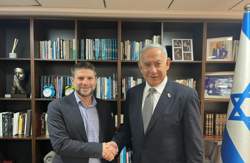  Likud head and prime minister-designate Benjamin Netanyahu is seen with RZP chief Bezalel Smotrich on December 1, 2022 (photo credit: LIKUD SPOKESPERSON)