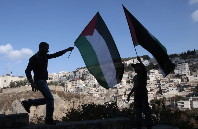  Palestinian youths hold their national flag during a protest against a Jewish settlement in the mostly Arab neighborhood of Silwan in East Jerusalem (credit: REUTERS/BAZ RATNER)