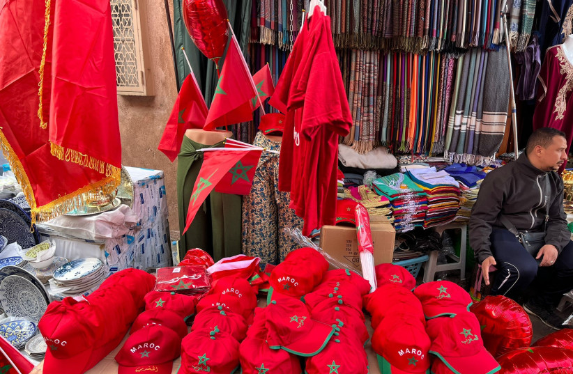 Merchandise with the Morocco flag on sale ahead of the Qatar 2022 World Cup game against Spain, December 6, 2022. (photo credit: PR)