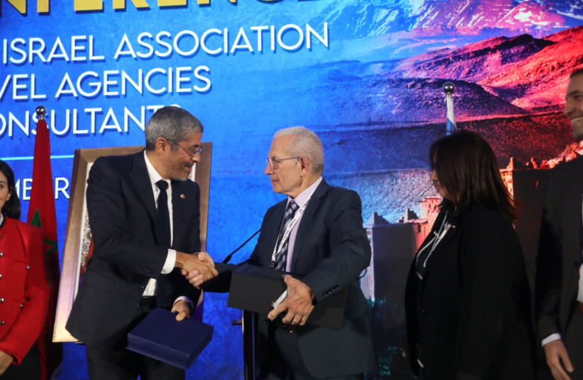   L-R: Adel El Fakir, Chief Executive Officer at Moroccan National Tourism Office, Kobi Karni, Chairman of the Board of the Israel Association of Travel Agencies and Consultants (ITTAA) and Tali Laufer, Tali Laufer, CEO of ITTAA. (photo credit: SHLOMI YOSEF)