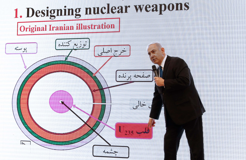  HISTORIC ROLE: Delivering a speech on Iran’s nuclear program at the Defense Ministry, Tel Aviv, 2018.  (credit: JACK GUEZ/AFP VIA GETTY IMAGES)