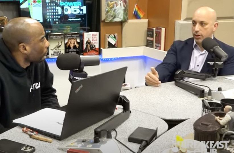  Anti Defamation League CEO Jonathan Greenblatt, right, made an appearance on The Breakfast Club, a radio show hosted by Charlamagne Tha God (left) and DJ Envy.  (credit: YouTube/JTA)