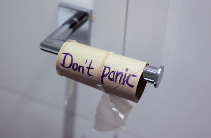  Don't panic written on an empty toilet paper roll (Illustrative). (photo credit: Jasmin Sessler/Unsplash)