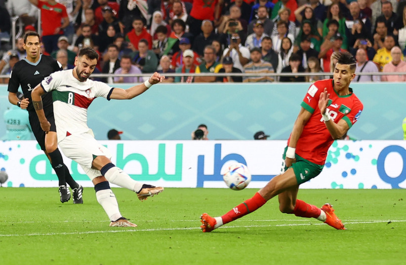  FIFA World Cup Qatar 2022 - Quarter Final - Morocco v Portugal - Al Thumama Stadium, Doha, Qatar - December 10, 2022 Portugal's Bruno Fernandes shoots at goal. (credit: REUTERS/CARL RECINE)