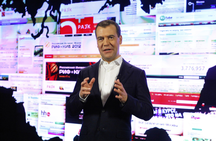  Russian President Medvedev records a segment for his video blog in Moscow (credit: REUTERS)