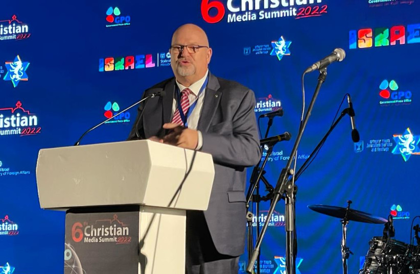 ICEJ President Dr. Juergen Buehler speaking Sunday night at the opening of the sixth Christian Media Summit in Jerusalem, hosted by the Israel Government Press Office. (photo credit: COURTESY ICEJ)