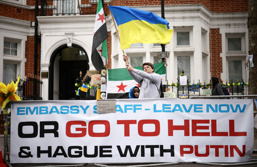  People protest opposite the Russian Embassy, amid Russia’s invasion of Ukraine, in London (credit: REUTERS)