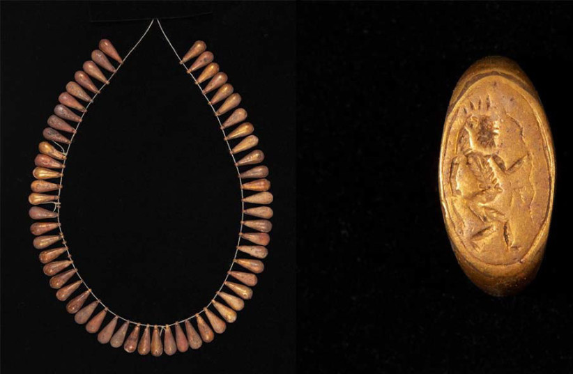  Ornate gold jewelry discovered in the ruins of the Ancient Egyptian city of Akhetaten. (photo credit:  EGYPTIAN MINISTRY OF TOURISM AND ANTIQUITIES)