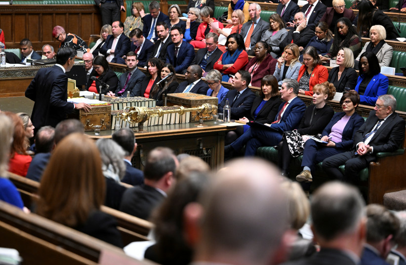 British Prime Minister Rishi Sunak speaks during the Prime Minister's Questions at the House of Commons in London, Britain, December 14, 2022 (photo credit: UK PARLIAMENT/JESSICA TAYLOR/HANDOUT VIA REUTERS)