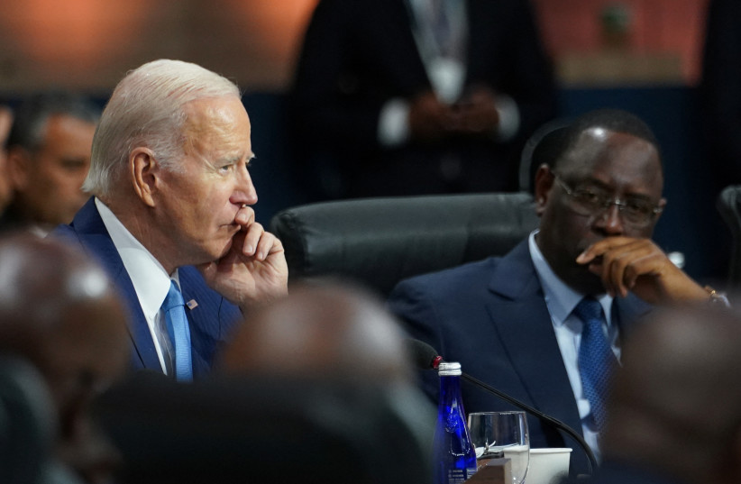  U.S. President Joe Biden and Senegalese President Macky Sall (R) listen to remarks during the U.S.-Africa Summit Leaders Session on partnering on the African Union’s Agenda 2063, in Washington, U.S., December 15, 2022. (credit: KEVIN LAMARQUE/REUTERS)