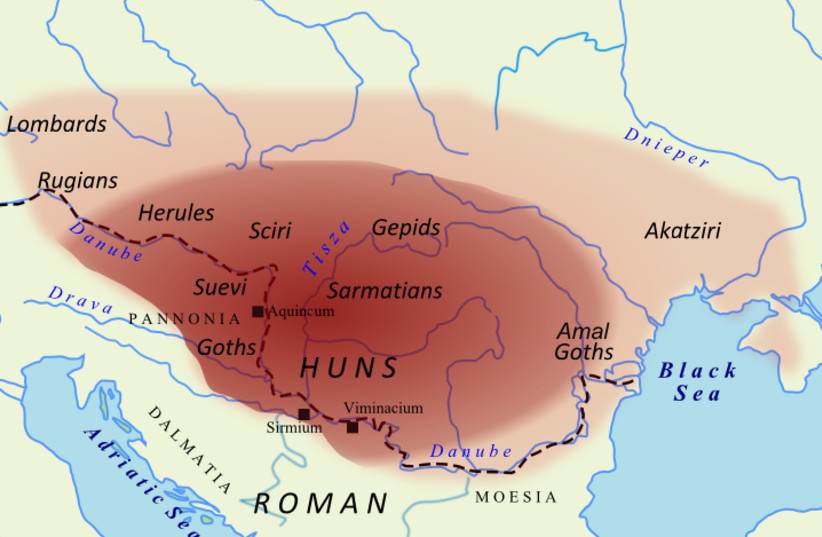 Territory under Hunnic control circa 450 CE (credit: SLOVENSKI VOLK/CC BY-SA 3.0 (https://creativecommons.org/licenses/by-sa/3.0)/VIA WIKIMEDIA COMMONS)