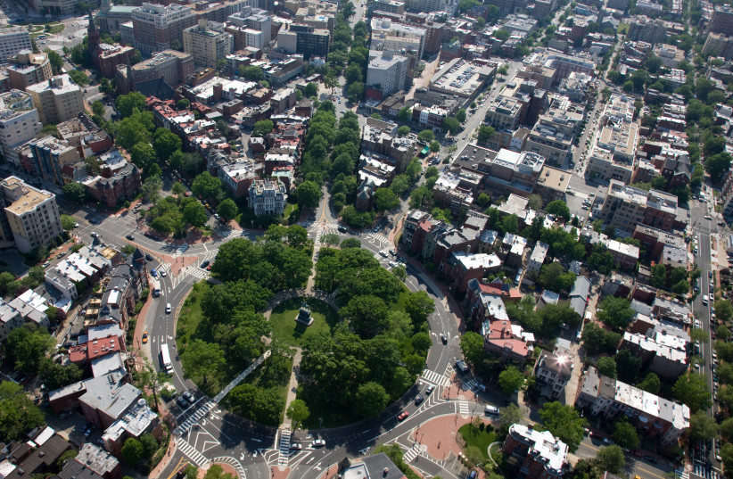 An aerial view – facing southwest – of the Logan Circle neighborhood in Washington, DC (photo credit: CAROL M. HIGHSMITH/PUBLIC DOMAIN/VIA WIKIMEDIA COMMONS)