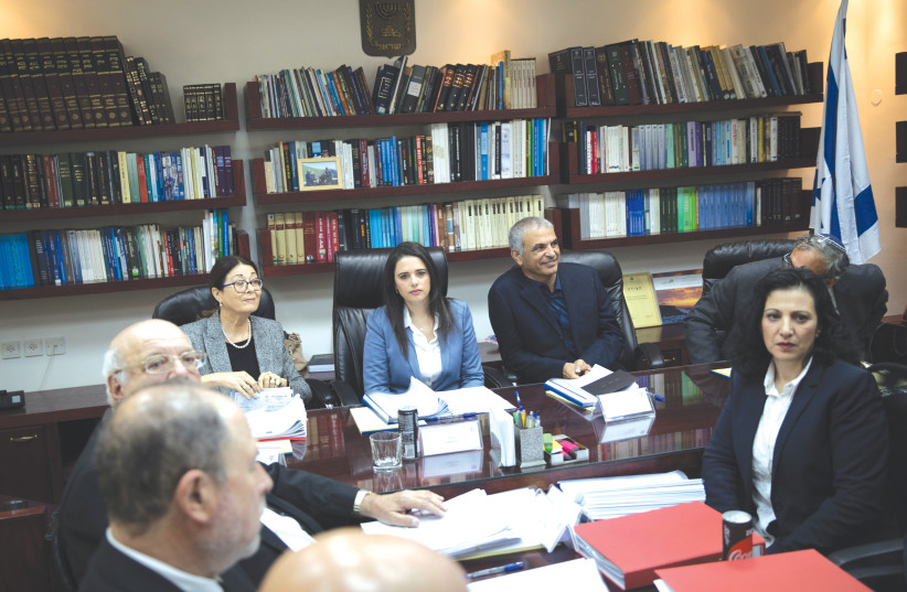  THEN-JUSTICE minister Ayelet Shaked is flanked by Supreme Court President Esther Hayut and then-finance minister Moshe Kahlon at a meeting of the Judicial Selection Committee, at the Justice Ministry in Jerusalem, in 2018. (photo credit: HADAS PARUSH/FLASH90)