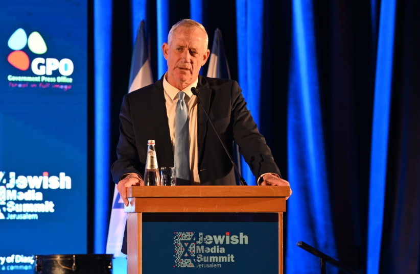  Defense Minister Benny Gantz speaks at the annual Jewish Media Summit hosted by the Government Press Office in Israel. (photo credit: ARIEL HERMONI/DEFENSE MINISTRY)