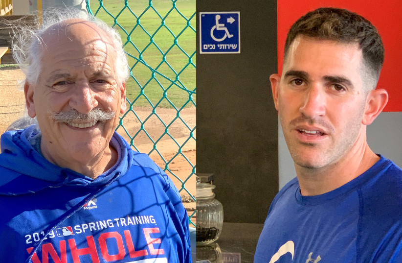  David Leichman, left, stands behind the backstop at the baseball field he helped build at Kibbutz Gezer in Israel, where his son Alon, right, learned the game that has brought him to the major leagues.  (credit: ELLI WOHLGELERNTER/JTA)