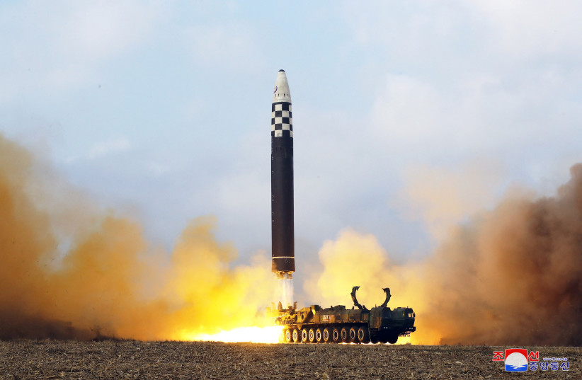  An intercontinental ballistic missile (ICBM) is launched in this undated photo released on November 19, 2022 by North Korea's Korean Central News Agency (KCNA). (credit: KCNA VIA REUTERS)
