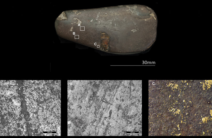 Microwear traces on polishing stone (DZSWS:STHEAD.2a) (figure produced by C. Tsoraki; photographs courtesy of Wiltshire Museum, Devizes). (credit: C. TSORAKI)