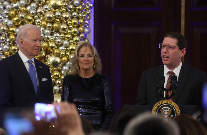  Rabbi Citron-Walker speaks as US President Joe Biden and first lady Jill Biden host a Hanukkah holiday reception at the White House in Washington, US, December 19, 2022.  (photo credit: REUTERS/LEAH MILLIS)