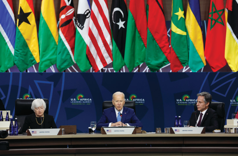  US PRESIDENT Joe Biden delivers remarks alongside Secretary of State Antony Blinken and Treasury Secretary Janet Yellen at a closing session of the US-Africa Leaders Summit in Washington, Dec. 15. (photo credit: Anna Moneymaker/Getty Images)