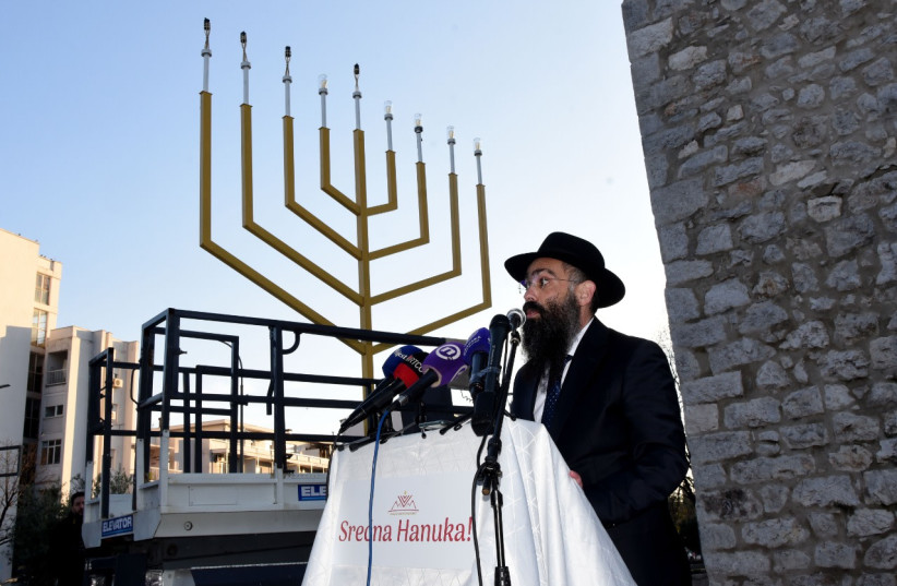  Chief Rabbi of Montenegro Rabbi Ari Edelkopf at a Hanukkah lighting ceremony, December 21, 2022. (photo credit: MONTENEGRO JEWISH COMMUNITY)