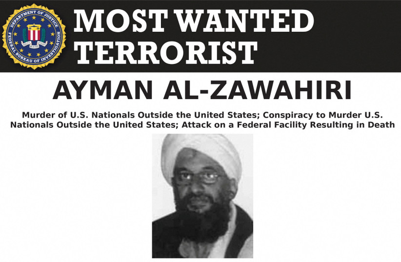  Al Qaeda leader Ayman al-Zawahiri, who was killed in a CIA drone strike in Afghanistan in August, 2022 according to US officials, appears in an undated FBI Most Wanted poster. (photo credit: FBI/HANDOUT VIA REUTERS)