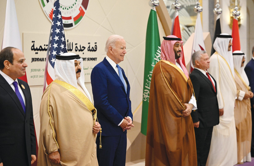  PRESIDENT JOE Biden is flanked by leaders of Egypt, Bahrain, Saudi Arabia, Jordan, Qatar and Kuwait at the Jeddah Security and Development Summit (GCC+3), in July. (photo credit: MANDEL NGAN/REUTERS)