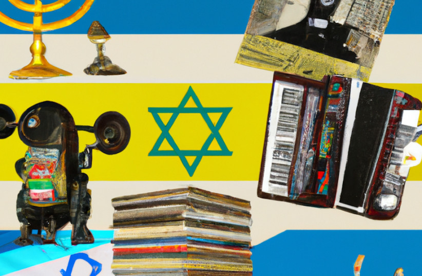 An image created by the AI site Dall-E for this article from the following prompt: “Collage featuring Jews, robots, books and Ukraine.” (photo credit: JTA ILLUSTRATION)