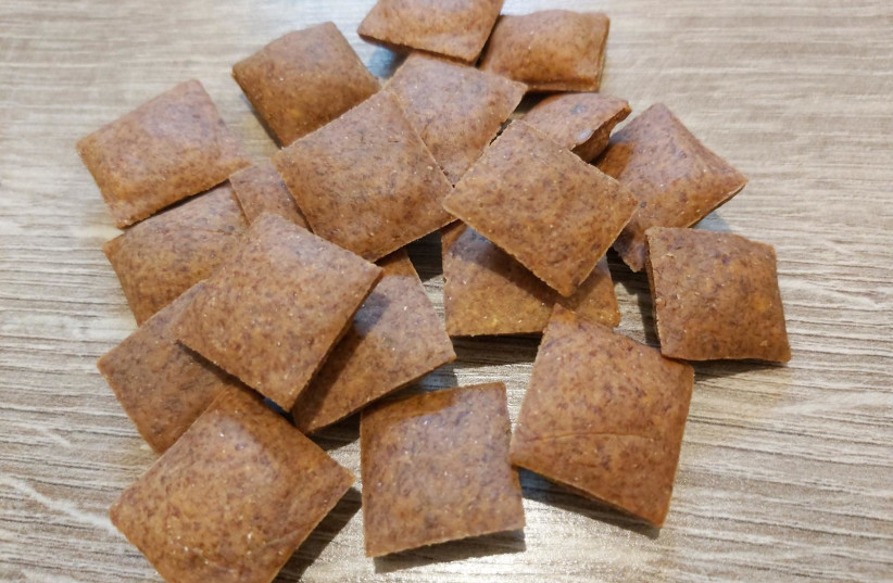 A vegan, gluten-free, low-sugar, savory protein snack made from chickpeas and lentils with a cashew-based filling. (credit: Rami Shelush, Technion spokesperson’s office)
