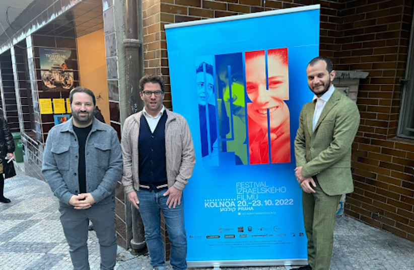  Director and screenwriter Ofir Raul Graizer, Daniel Kossow - production designer and the leading actor Michael Moshonov outside the cinema house in Prague at the opening of Kolnoa Festival  (credit: Embassy of Israel in Czech Republic)