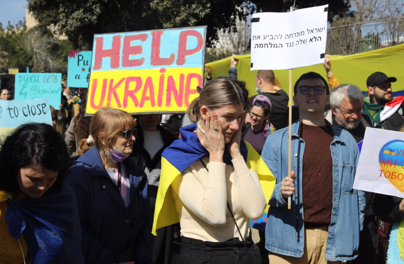  A pro-Ukraine rally in front of the Knesset. The war after Russia invaded Ukraine was one of the events of the year, and here we can see the anguish of Ukrainian Israelis. February 2022. (credit: MARC ISRAEL SELLEM/THE JERUSALEM POST)