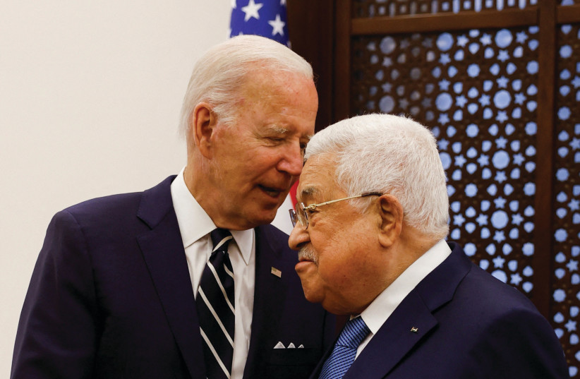  US PRESIDENT Joe Biden meets with PA head Mahmoud Abbas, in Bethlehem, in July. The US, among others, needs to recognize the State of Palestine or cease mouthing the mantra of the two-state solution, says the writer.  (photo credit: MOHAMAD TOROKMAN/REUTERS)