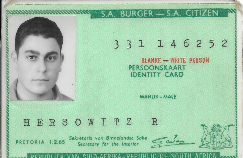  The writer’s ID card issued in Apartheid South Africa. (photo credit: ROBERT HERSOWITZ)