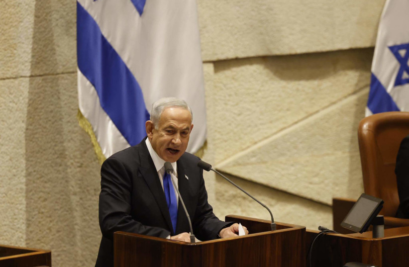  Prime Minister Benjamin Netanyahu gives the opening address at the swearing-in of the 37th Israeli government on December 29, 2022.  (credit: MARC ISRAEL SELLEM)
