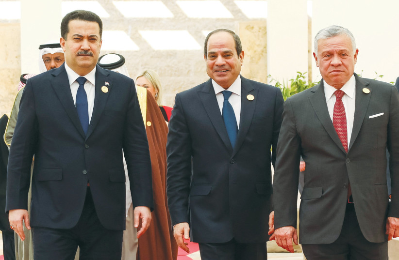  LEFT TO RIGHT: Iraq’s Prime Minister Mohammed Shia al-Sudani, Egypt’s President Abdel Fattah al-Sisi and Jordan’s King Abdullah II arrive at the second Baghdad Conference for Cooperation and Partnership, at the Dead Sea, Jordan last week. (photo credit: REUTERS/ALAA AL SUKHNI)