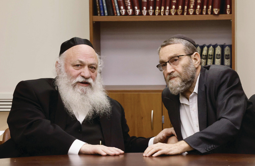  UNITED TORAH Judaism’s Yitzhak Goldknopf (left) and Moshe Gafni bring ghetto-like demands and mentality to the coalition. (photo credit: MARC ISRAEL SELLEM/THE JERUSALEM POST)