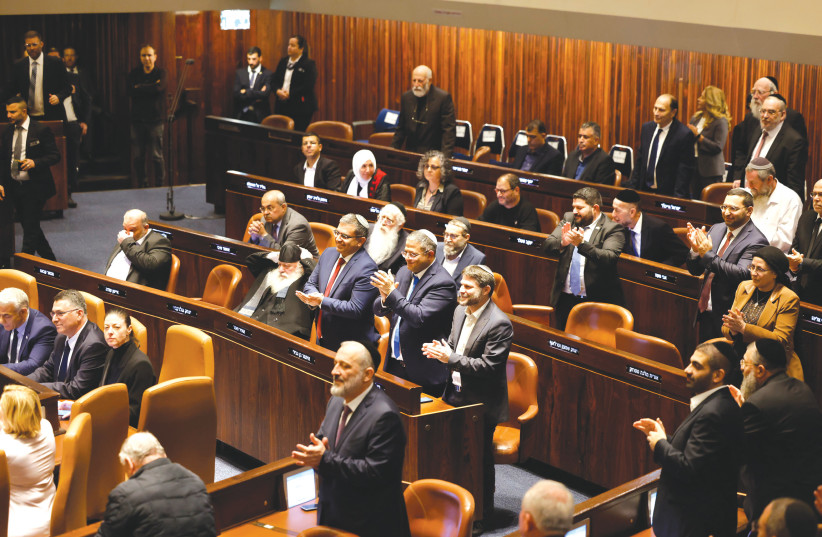  MEMBERS OF Benjamin Netanyahu’s coalition applaud his speech yesterday at the Knesset. Will they continue to give him a Standing O? (photo credit: MARC ISRAEL SELLEM/THE JERUSALEM POST)