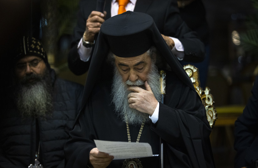  The Greek Orthodox Patriarch of Jerusalem, Theophilus III, gives a press conference at the Palestinian run Imperial Hotel inside Jaffa Gate in Jerusalem's Old City on March 29, 2022.  (photo credit: OLIVIER FITOUSSI/FLASH90)