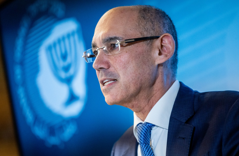 Governor of the Bank of Israel Amir Yaron speaks during a press conference at the Bank of Israel offices in Jerusalem, on January 2, 2022. (credit: YONATAN SINDEL/FLASH90)