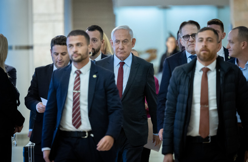  Israeli Prime Minister and head of the Likud party Benjamin Netanyahu arrives for a Likud party meeting at the Knesset, Israel's parliament in Jerusalem on January 2, 2023. (credit: YONATAN SINDEL/FLASH90)