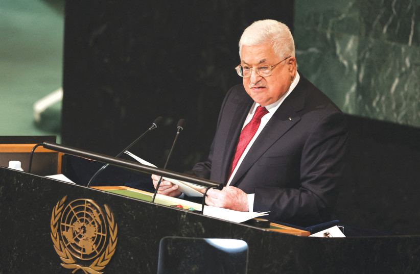  PA HEAD Mahmoud Abbas addresses the annual opening of the UN General Assembly, in September. Abbas has described the new Israeli government as a ‘gang of murderers.’ (credit: CAITLIN OCHS/REUTERS)