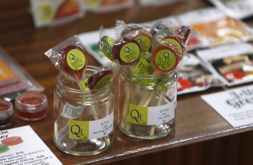  Edibles are displayed at Shango Cannabis shop on first day of legal recreational marijuana sales beginning at midnight in Portland, Oregon October 1, 2015. (photo credit: STEVE DIPAOLA/REUTERS)