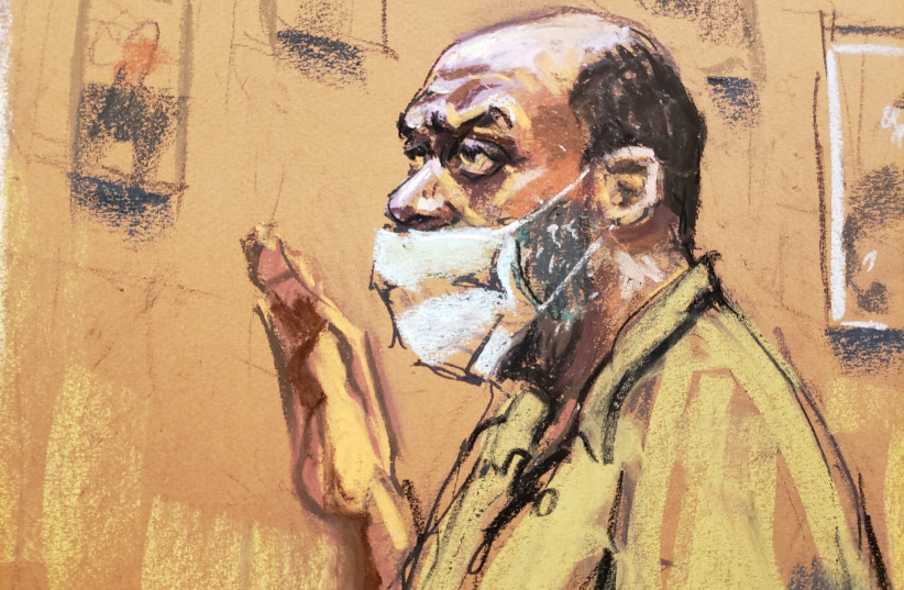  Frank James, charged with last month's mass shooting in a Brooklyn subway, is sworn in before pleading not guilty to terrorism and weapons charges in a courtroom in New York City, New York, U.S., May 13, 2022 in this courtroom sketch.  (photo credit: REUTERS/JANE ROSENBERG)