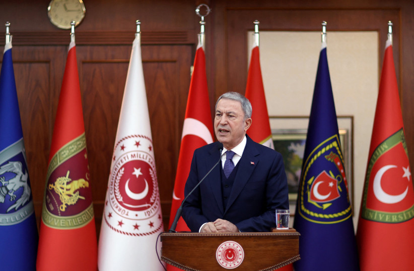  Turkish Defence Minister Hulusi Akar holds a news conference in Ankara, Turkey December 24, 2022.  (credit: TURKISH DEFENCE MINISTRY/HANDOUT VIA REUTERS)
