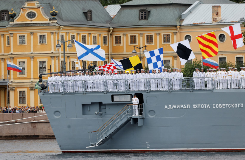  Russian service members line up aboard frigate Admiral Gorshkov during a parade marking Navy Day in Saint Petersburg, Russia July 31, 2022. (credit: REUTERS/MAXIM SHEMETOV)
