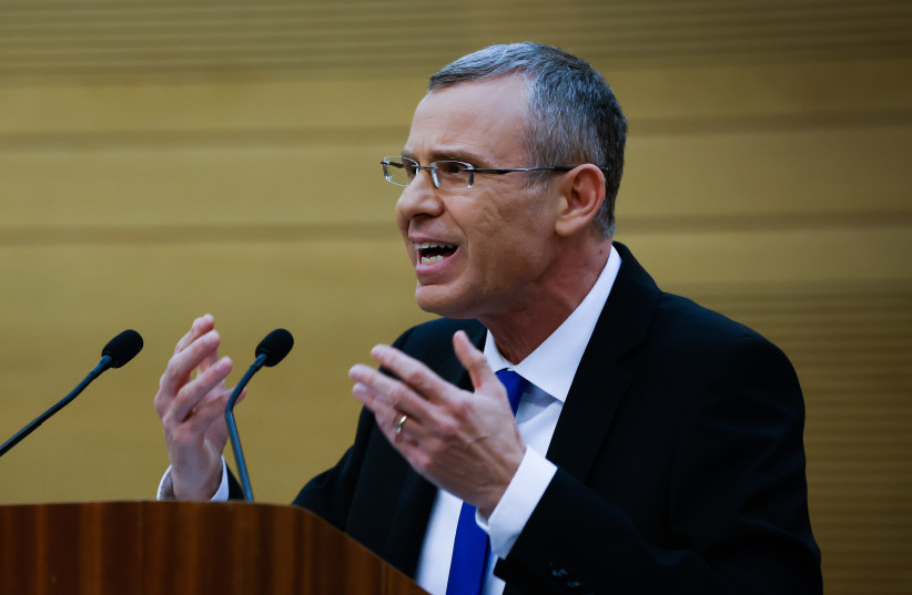 Justice Minister Yariv Levin holds a press conference at the Knesset, the Israeli parliament, in Jerusalem on January 4, 2023. (photo credit: OLIVIER FITOUSSI/FLASH90)