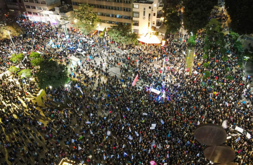  Thousands of protestors gather in Tel Aviv to protest the new government and the proposed judicial reforms of Justice Minister Yariv Levin, January 7, 2023. (photo credit: YAIR FELTI)