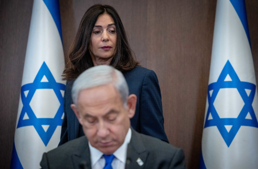  Transportation Minister Miri Regev seen with Benjamin Netanyahu during a cabinet meetingat the Prime Minister's office in Jerusalem on January 3, 2023 (credit: YONATAN SINDEL/FLASH90)