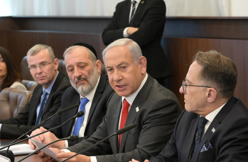  Prime Minister Benjamin Netanyahu at the weekly cabinet meeting (photo credit: AMOS BEN-GERSHOM/GPO)