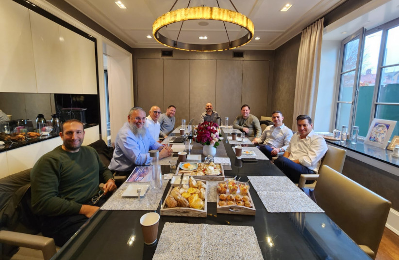 A pro-Israel group from Brooklyn launched the American Friends of Judea and Samaria this month. From Right to Left, Ruvin Levavi, Jacob Albo, Avi Lazerowitz,  Jack Gindi,  Rafi Lazerowitz,  Yigal Dilmoni, Yesha Council head Shlomo Ne'eman and Jackie Ashkenazie. (credit: COURTESY YESHA COUNCIL)