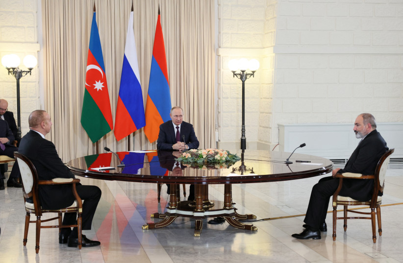  Russia's President Putin, Armenia's Prime Minister Pashinyan and Azerbaijan's President Aliyev attend trilateral meeting in Sochi (credit: REUTERS)